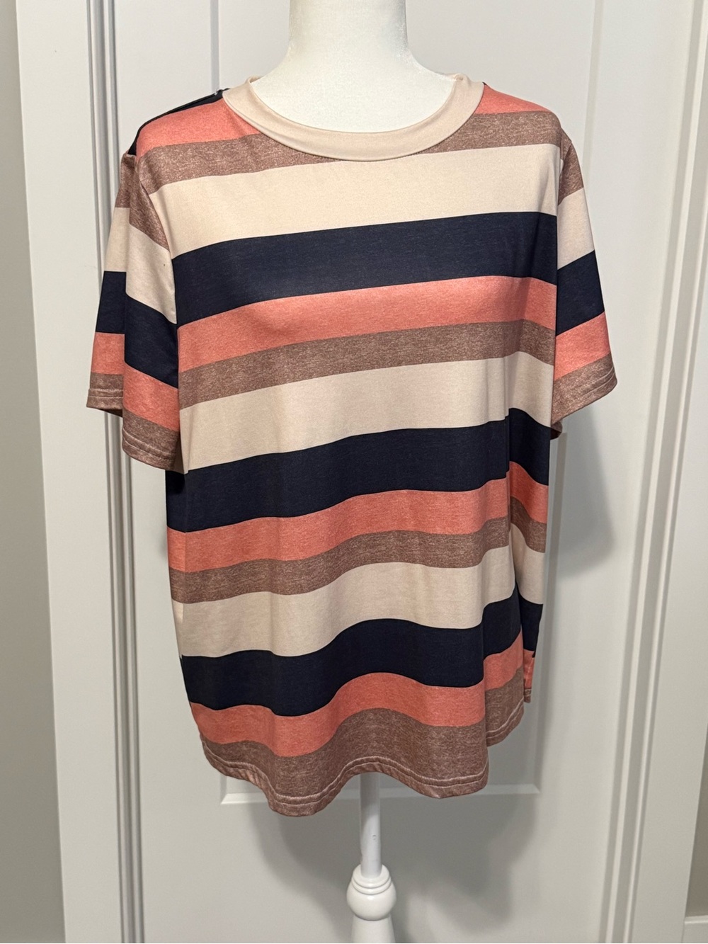 SHEIN Striped Short Sleeve Tee in Coral, Navy & Cream